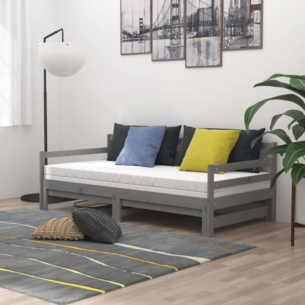 vidaXL Päivävuode ulosvedettävä harmaa täysi mänty 2x (90x200) cm hinta ja tiedot | Sängyt | hobbyhall.fi