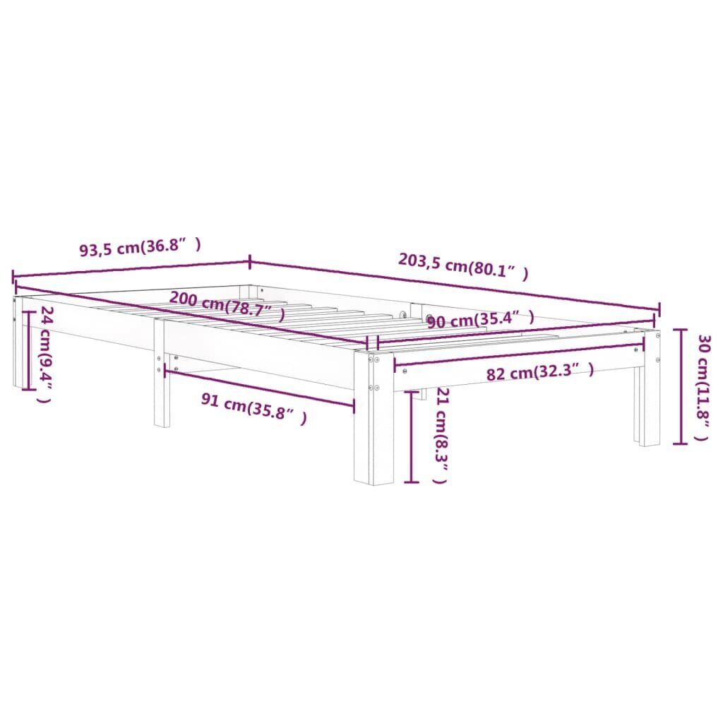 vidaXL Sängynrunko täysi mänty 90x200 cm hinta ja tiedot | Sängyt | hobbyhall.fi