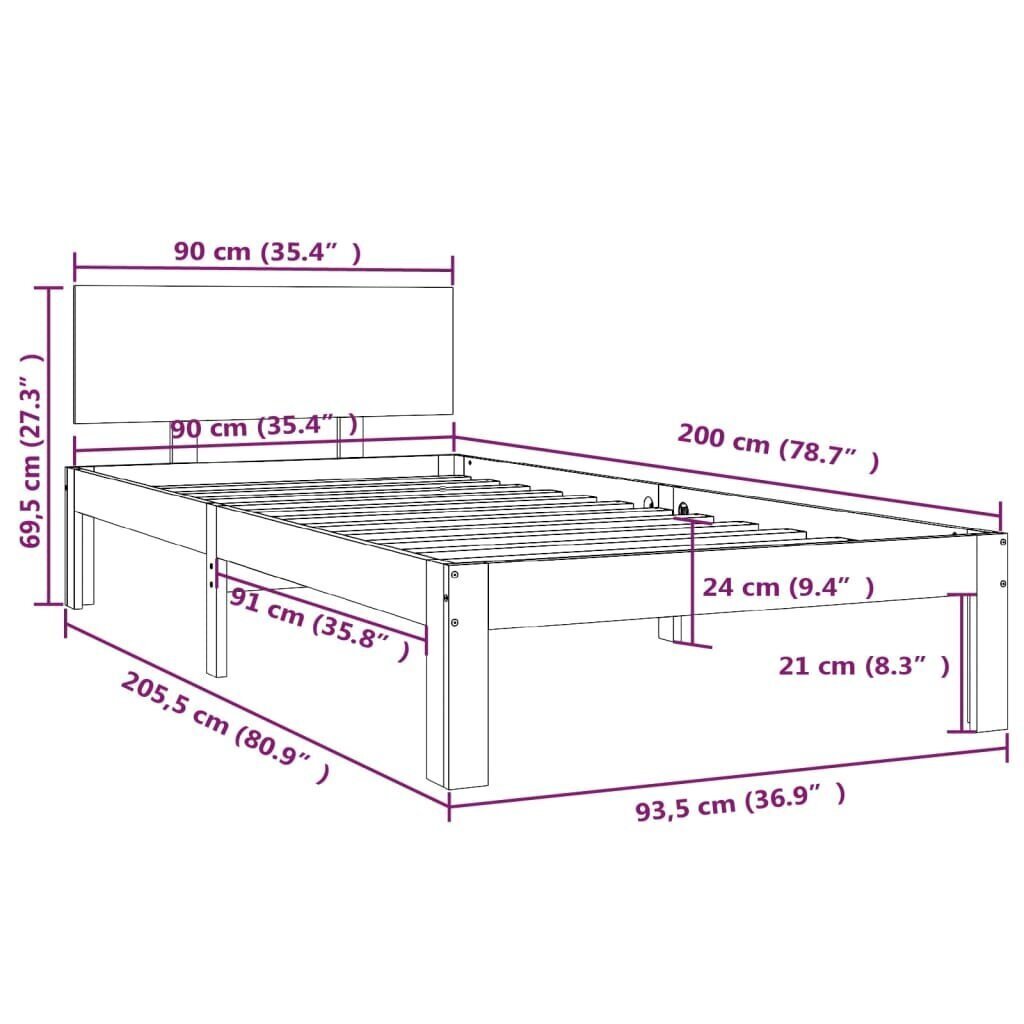 vidaXL Sängynrunko harmaa täysi mänty 90x200 cm hinta ja tiedot | Sängyt | hobbyhall.fi