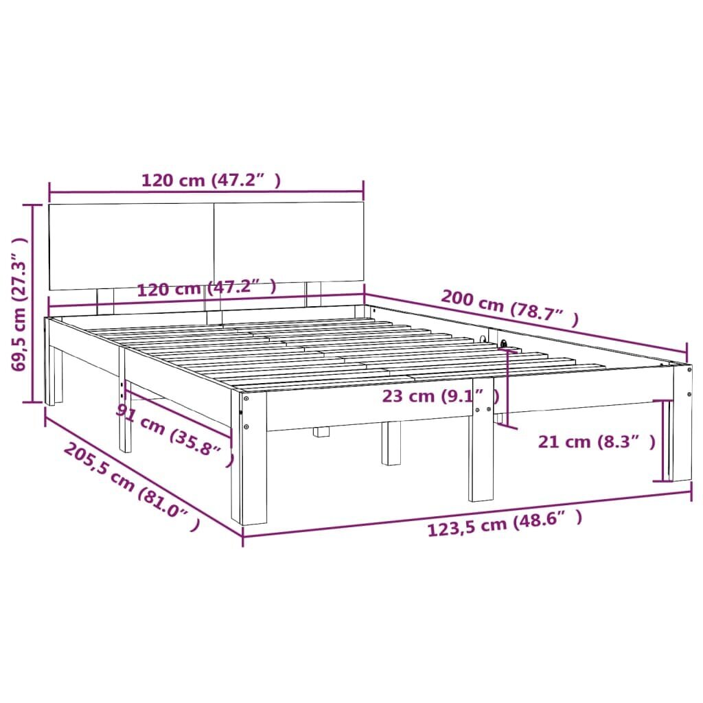 vidaXL Sängynrunko täysi mänty 120x200 cm hinta ja tiedot | Sängyt | hobbyhall.fi