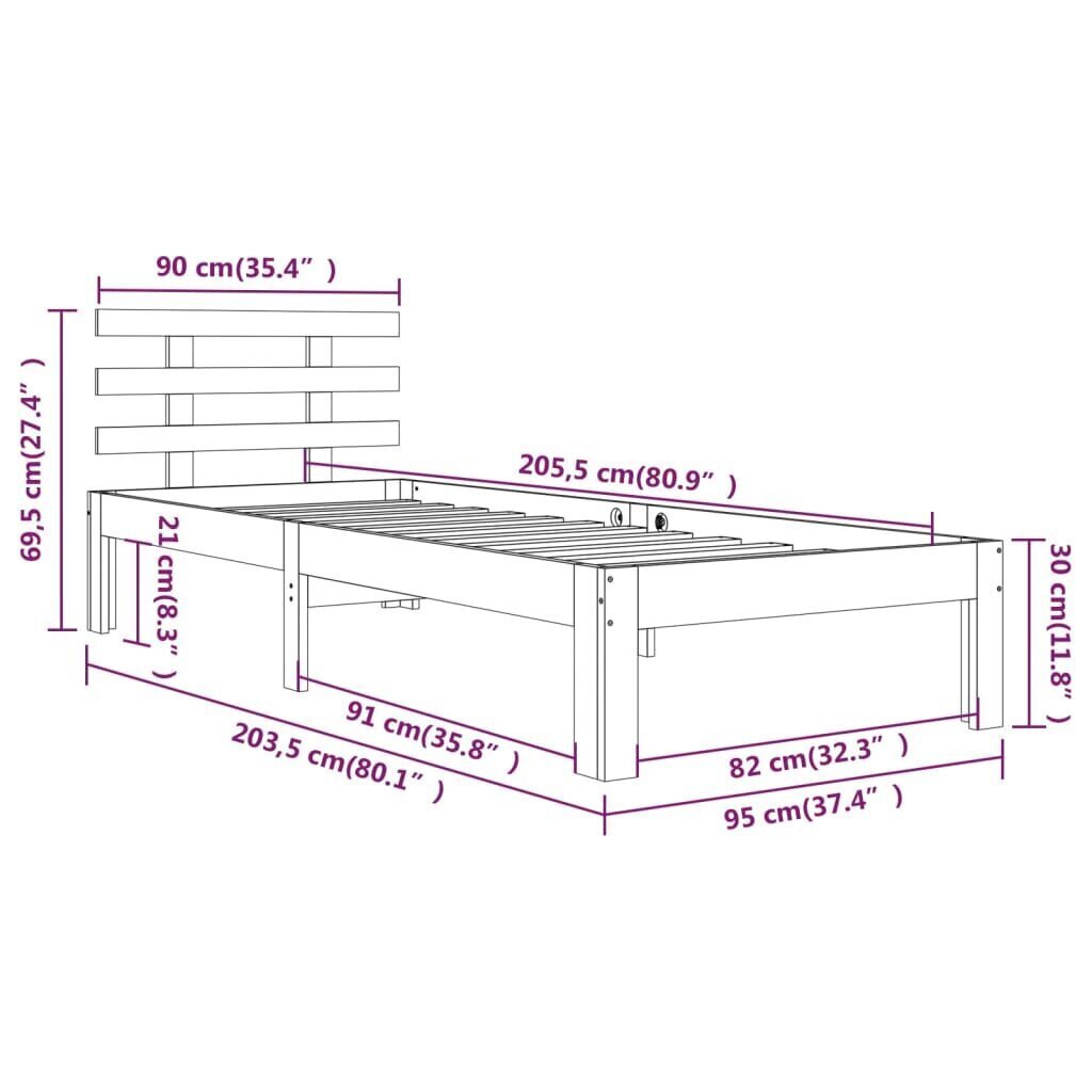 vidaXL Sängynrunko valkoinen täysi puu 90x200 cm hinta ja tiedot | Sängyt | hobbyhall.fi