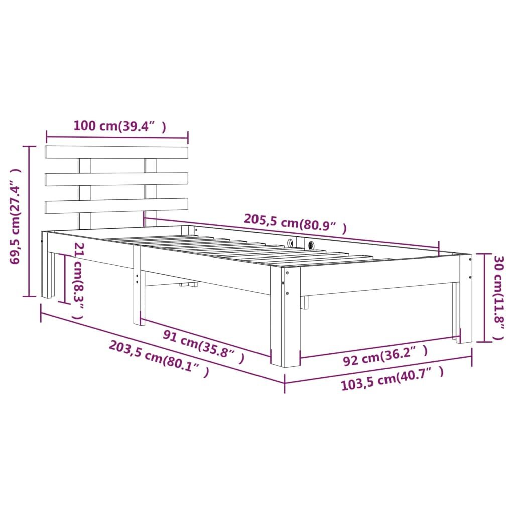 vidaXL Sängynrunko täysi puu 100x200 cm hinta ja tiedot | Sängyt | hobbyhall.fi