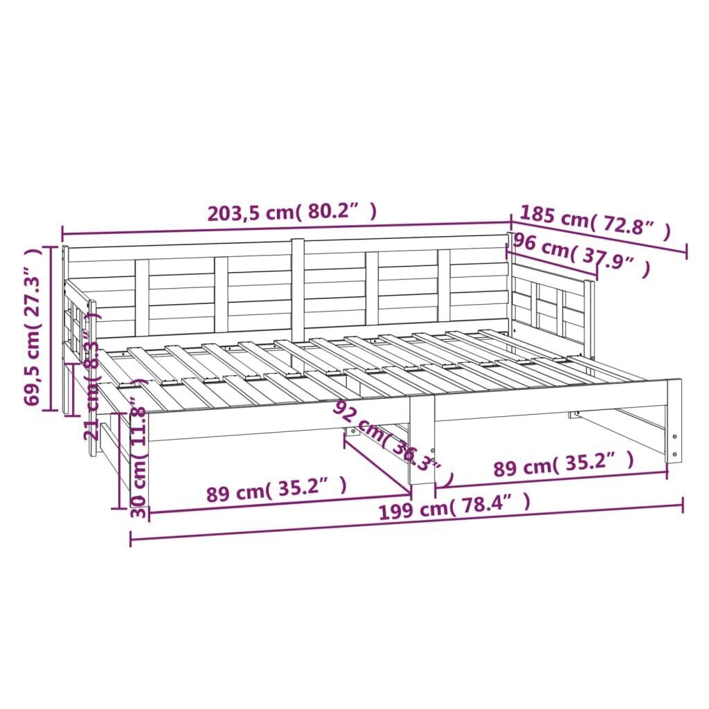 vidaXL Sohvasänky ulosvedettävä musta täysi mänty 2x (90x200) cm hinta ja tiedot | Sängyt | hobbyhall.fi