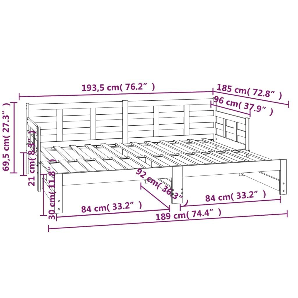 vidaXL Sohvasänky ulosvedettävä musta täysi mänty 2x (90x190) cm hinta ja tiedot | Sängyt | hobbyhall.fi