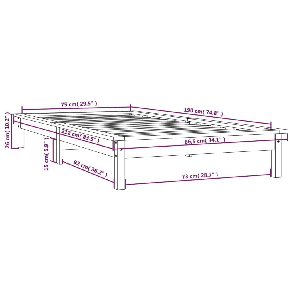 vidaXL Sängynrunko harmaa 75x190 cm täysi mänty 2FT6 Small Single hinta ja tiedot | Sängyt | hobbyhall.fi