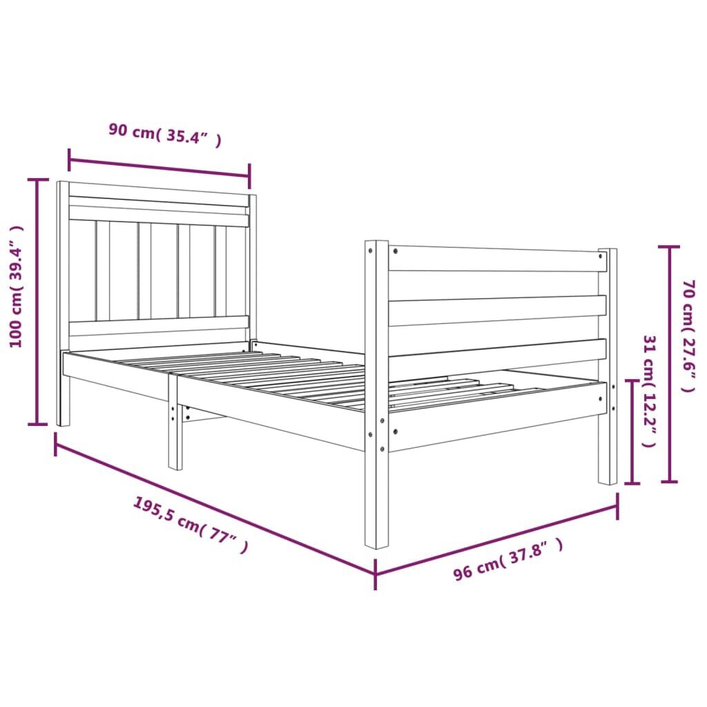 vidaXL Sängynrunko valkoinen täysi puu 90x190 cm 3FT Single hinta ja tiedot | Sängyt | hobbyhall.fi