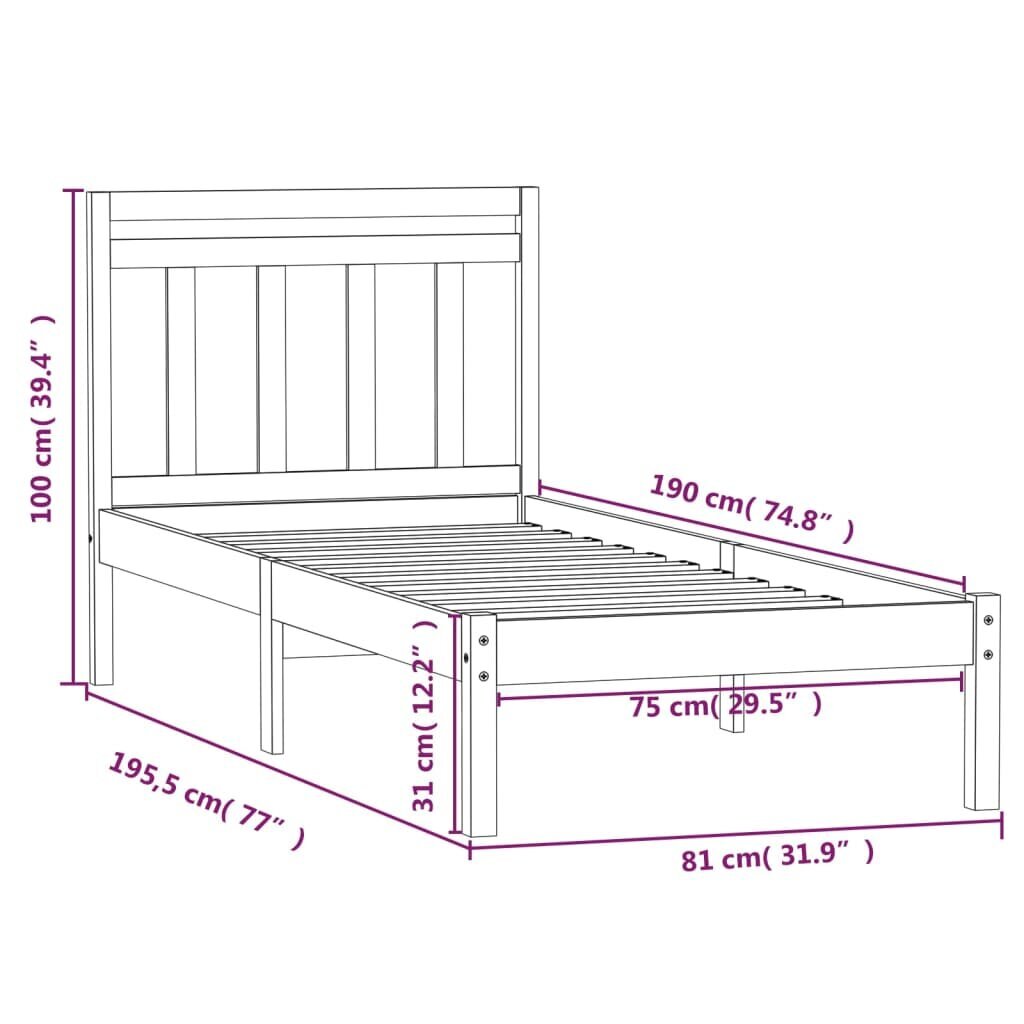 vidaXL Sängynrunko valkoinen täysi puu 75x190 cm 2FT6 Small Single hinta ja tiedot | Sängyt | hobbyhall.fi