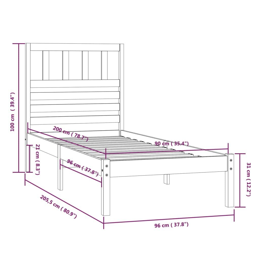 vidaXL Sängynrunko harmaa täysi mänty 90x200 cm hinta ja tiedot | Sängyt | hobbyhall.fi