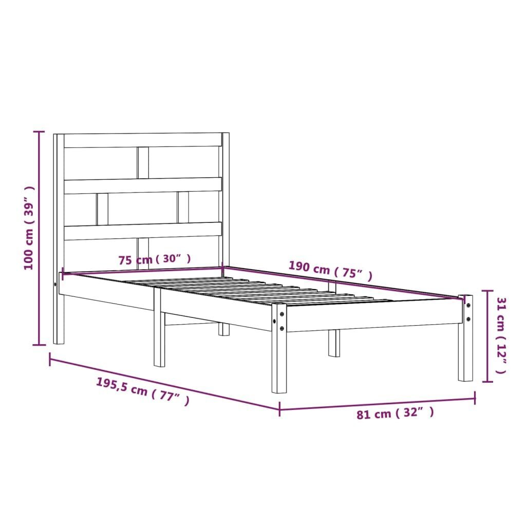 vidaXL Sängynrunko täysi puu 75x190 cm 2FT6 Small Single hinta ja tiedot | Sängyt | hobbyhall.fi