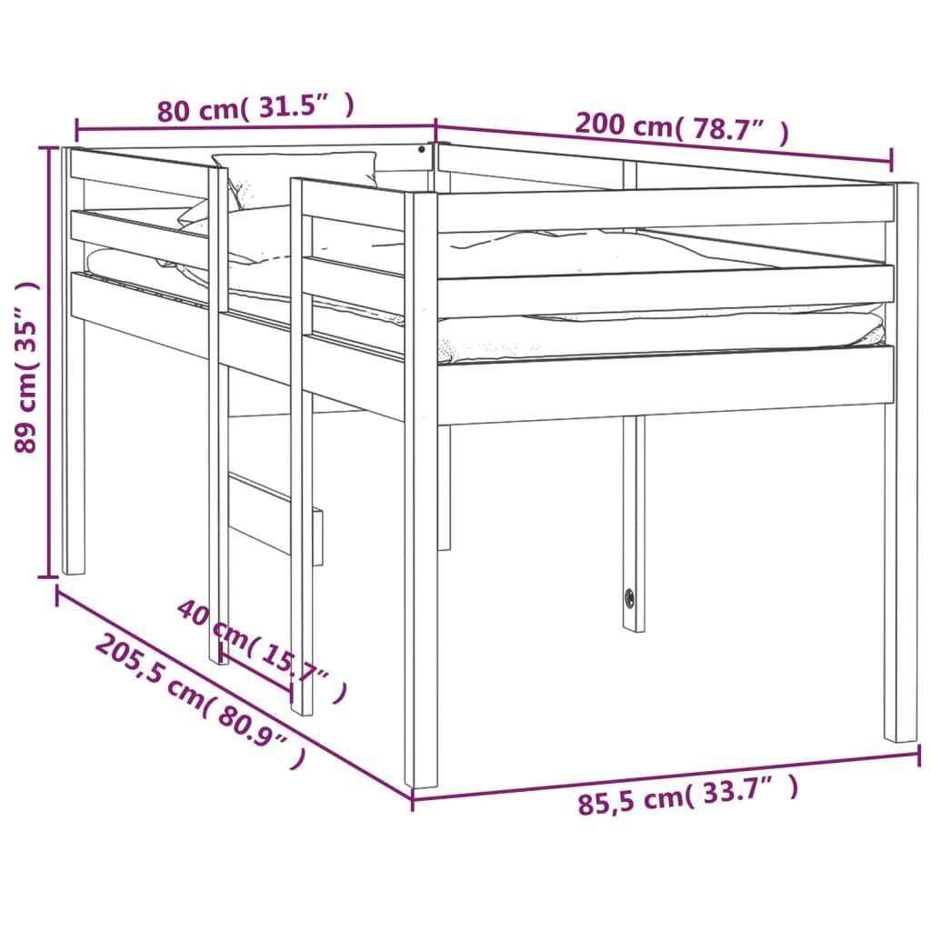 vidaXL Korotettu sänky valkoinen 80x200 cm täysi mänty hinta ja tiedot | Sängyt | hobbyhall.fi