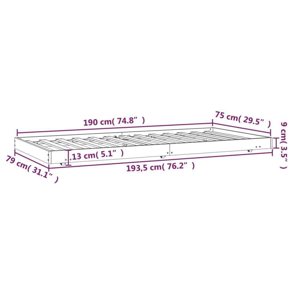 vidaXL Sängynrunko 75x190 cm täysi mänty hinta ja tiedot | Sängyt | hobbyhall.fi