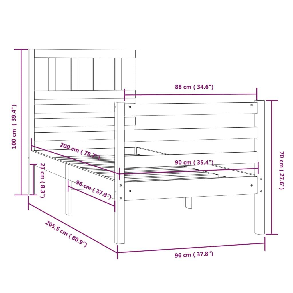 vidaXL Sängynrunko harmaa täysi puu 90x200 cm hinta ja tiedot | Sängyt | hobbyhall.fi