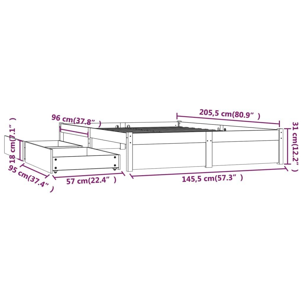 vidaXL Sängynrunko laatikoilla harmaa 140x200 cm hinta ja tiedot | Sängyt | hobbyhall.fi