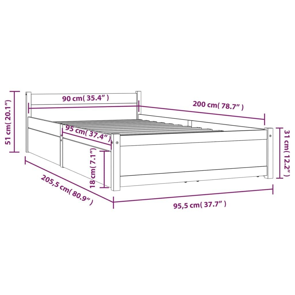 vidaXL Sängynrunko laatikoilla valkoinen 90x200 cm hinta ja tiedot | Sängyt | hobbyhall.fi