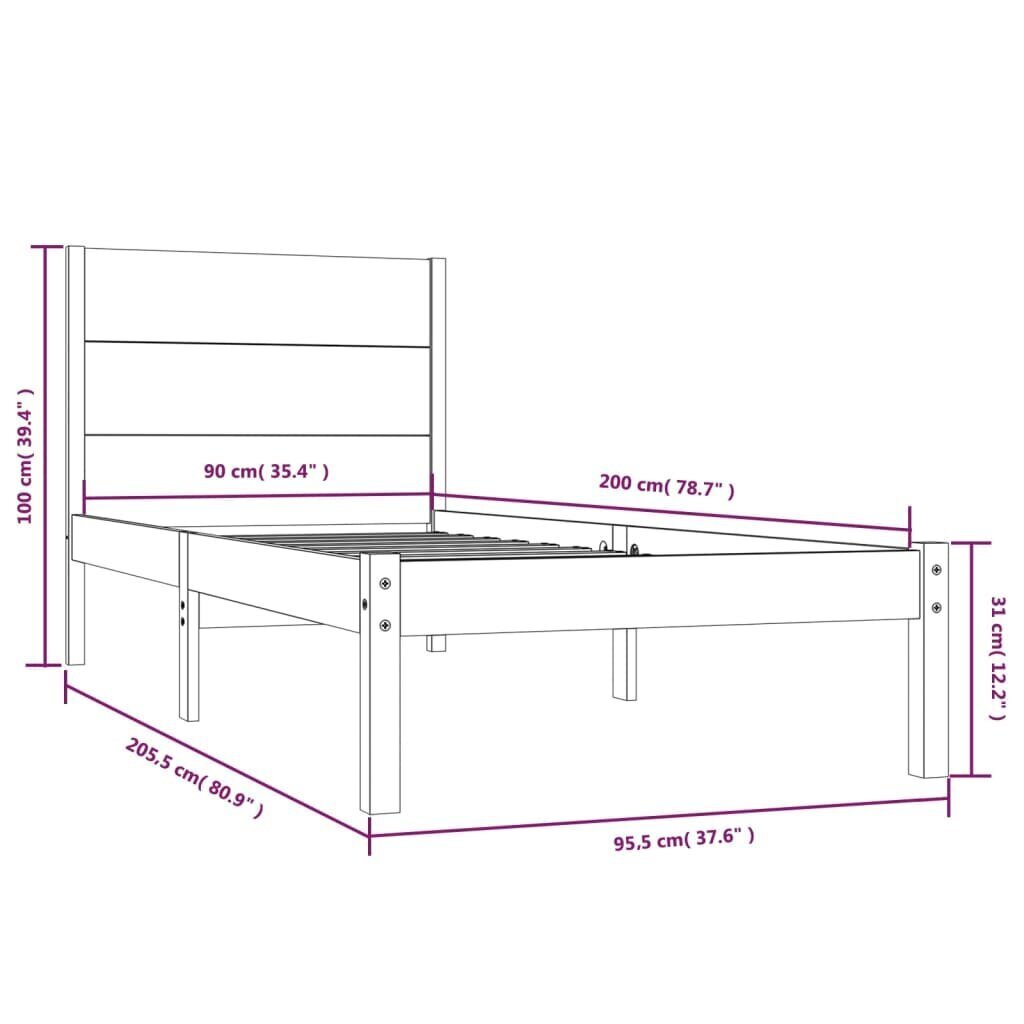 vidaXL Sängynrunko harmaa täysi mänty 90x200 cm hinta ja tiedot | Sängyt | hobbyhall.fi