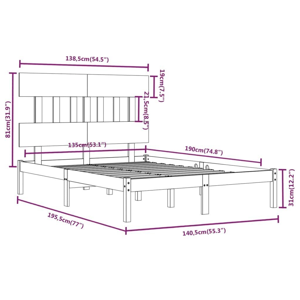 vidaXL Sängynrunko harmaa täysi puu 135x190 cm 4FT6 Double hinta ja tiedot | Sängyt | hobbyhall.fi