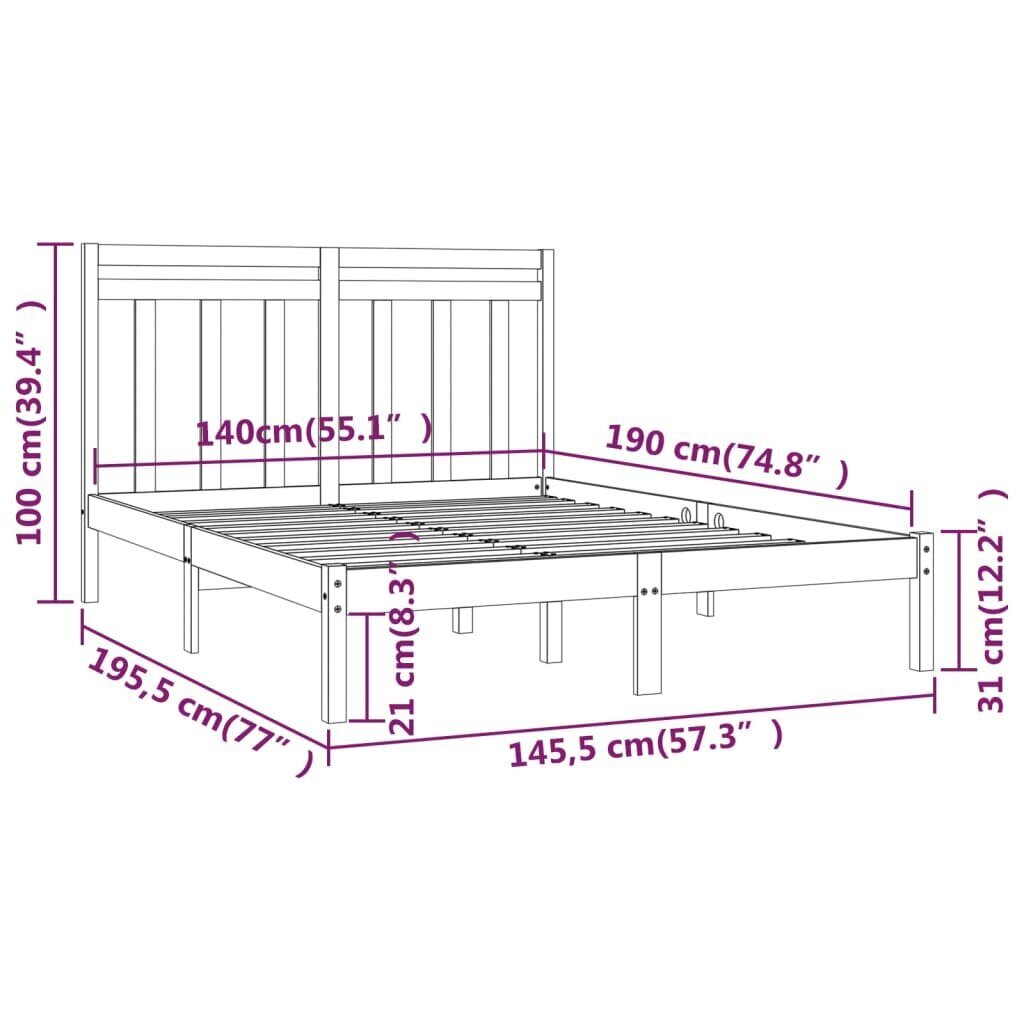 vidaXL Sängynrunko harmaa täysi puu 140x190 cm hinta ja tiedot | Sängyt | hobbyhall.fi