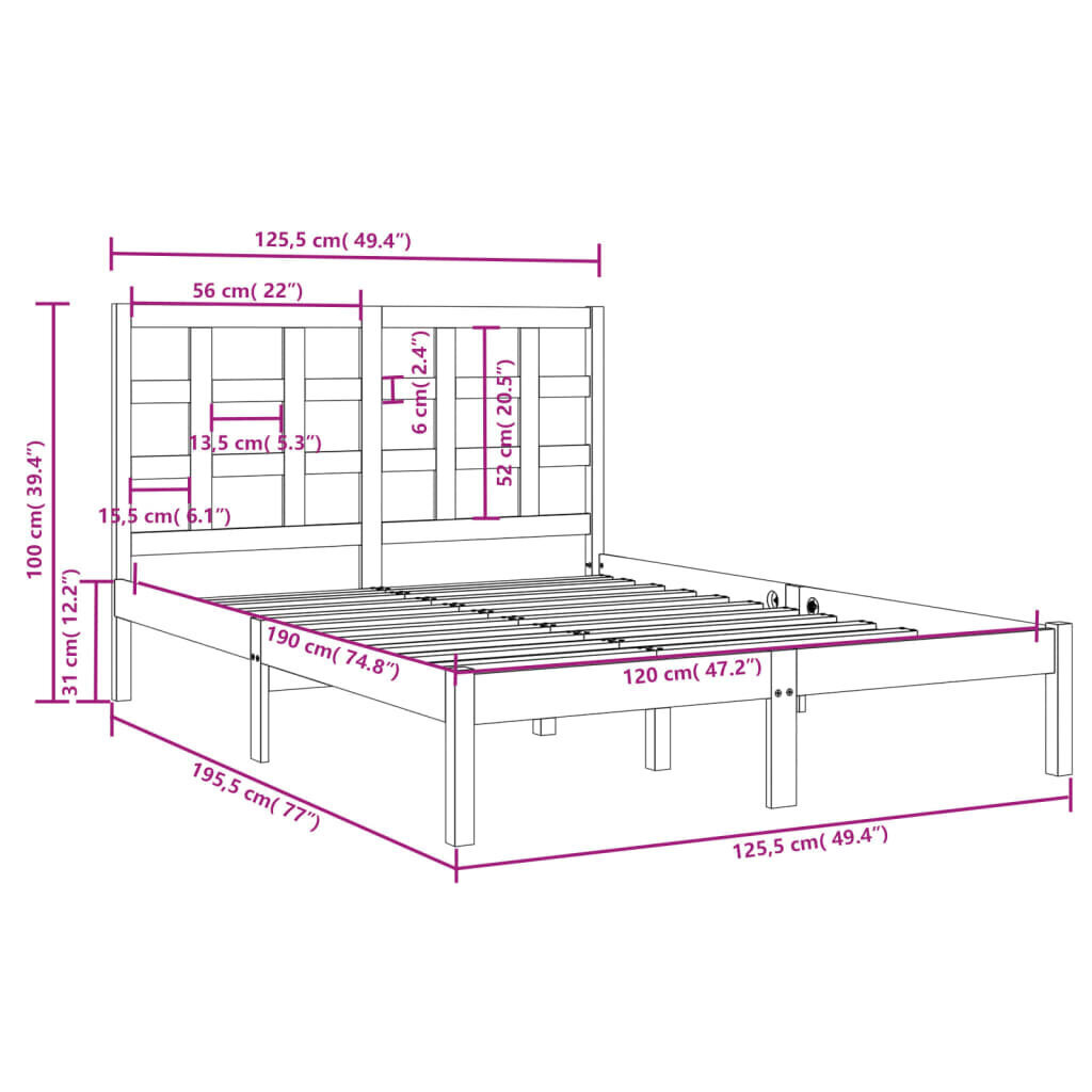 vidaXL Sängynrunko musta täysi puu 120x190 cm 4FT Small Double hinta ja tiedot | Sängyt | hobbyhall.fi