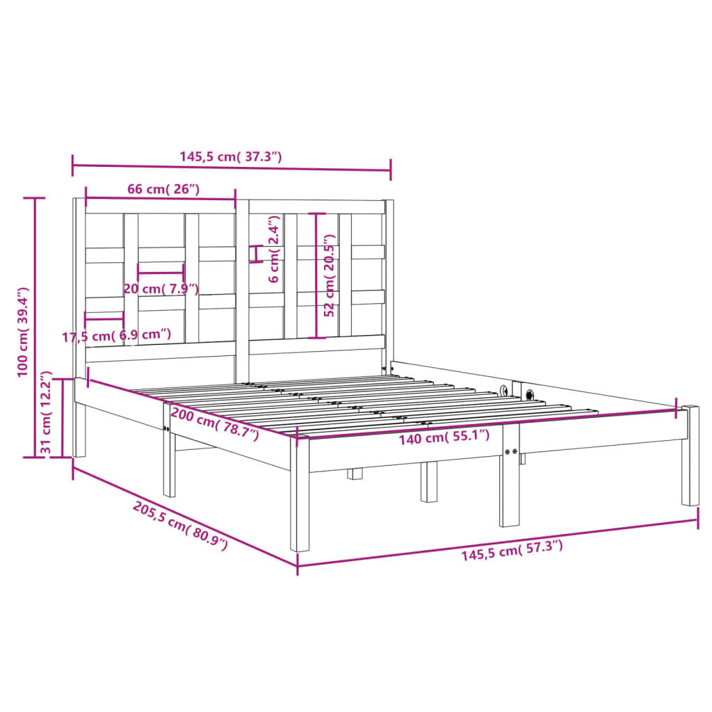 vidaXL Sängynrunko musta täysi puu 140x200 cm hinta ja tiedot | Sängyt | hobbyhall.fi