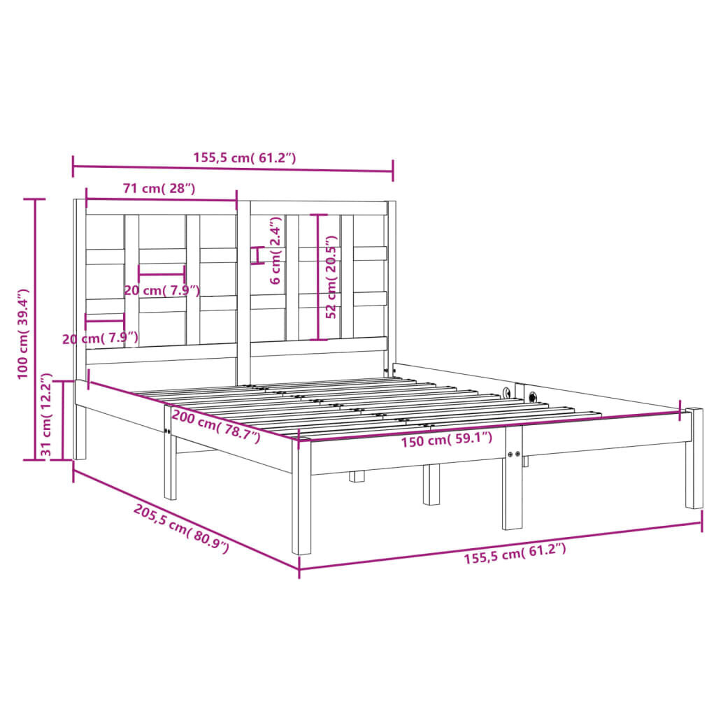 vidaXL Sängynrunko musta täysi puu 150x200 cm 5FT King Size hinta ja tiedot | Sängyt | hobbyhall.fi