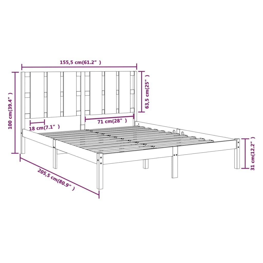 vidaXL Sängynrunko harmaa täysi puu 150x200 cm 5FT King Size hinta ja tiedot | Sängyt | hobbyhall.fi