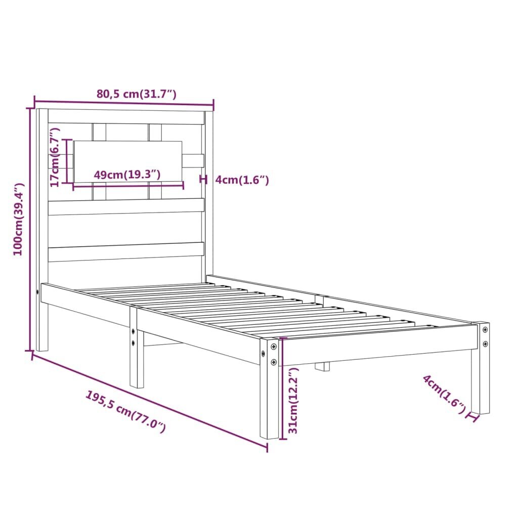 vidaXL Sängynrunko täysi puu 75x190 cm 2FT6 Small Single hinta ja tiedot | Sängyt | hobbyhall.fi