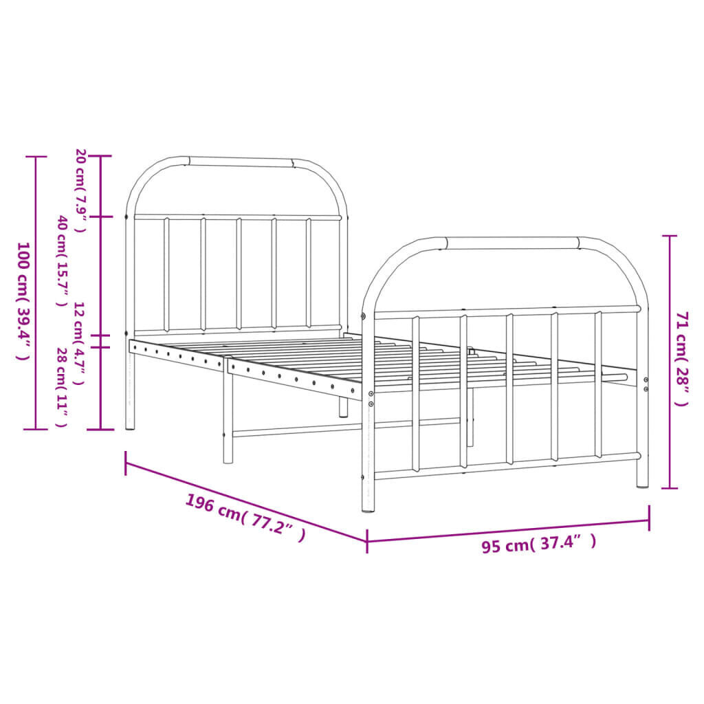 vidaXL Metallinen sängynrunko päädyillä valkoinen 90x190 cm hinta ja tiedot | Sängyt | hobbyhall.fi