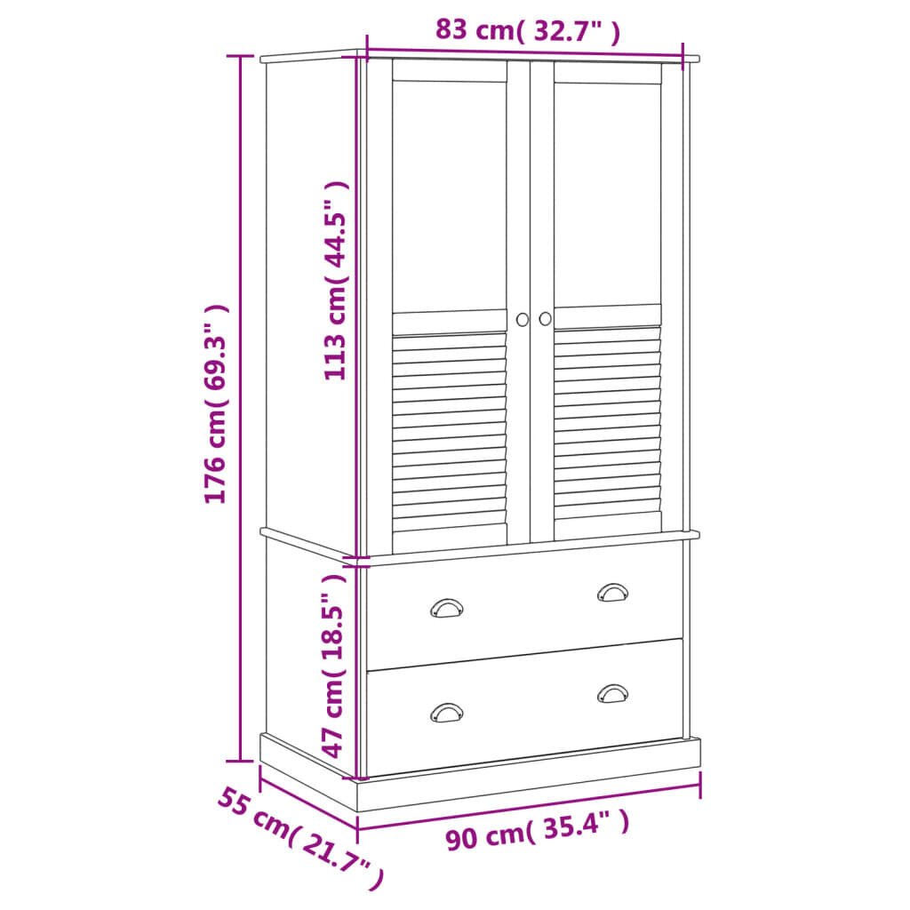 vidaXL Vaatekaappi VIGO harmaa 90x55x176 cm täysi mänty hinta ja tiedot | Kaapit | hobbyhall.fi