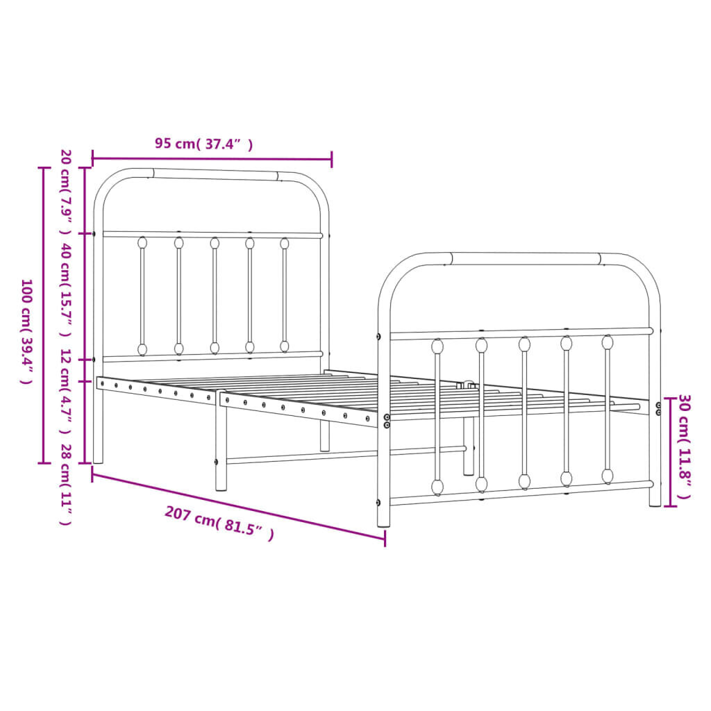 vidaXL Metallinen sängynrunko päädyillä valkoinen 90x200 cm hinta ja tiedot | Sängyt | hobbyhall.fi