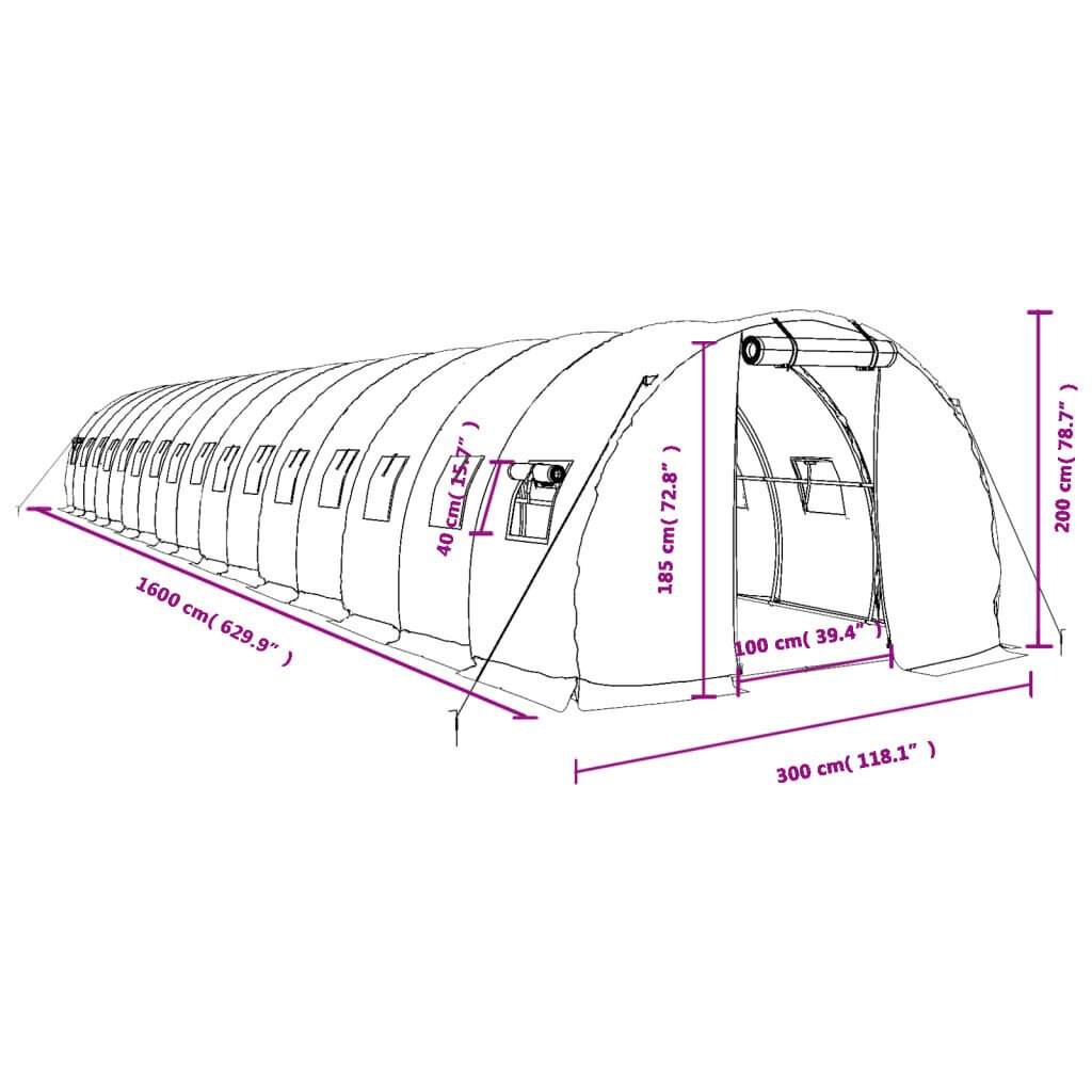 vidaXL Kasvihuone teräsrungolla vihreä 48 m² 16x3x2 m hinta ja tiedot | Kasvihuoneet | hobbyhall.fi