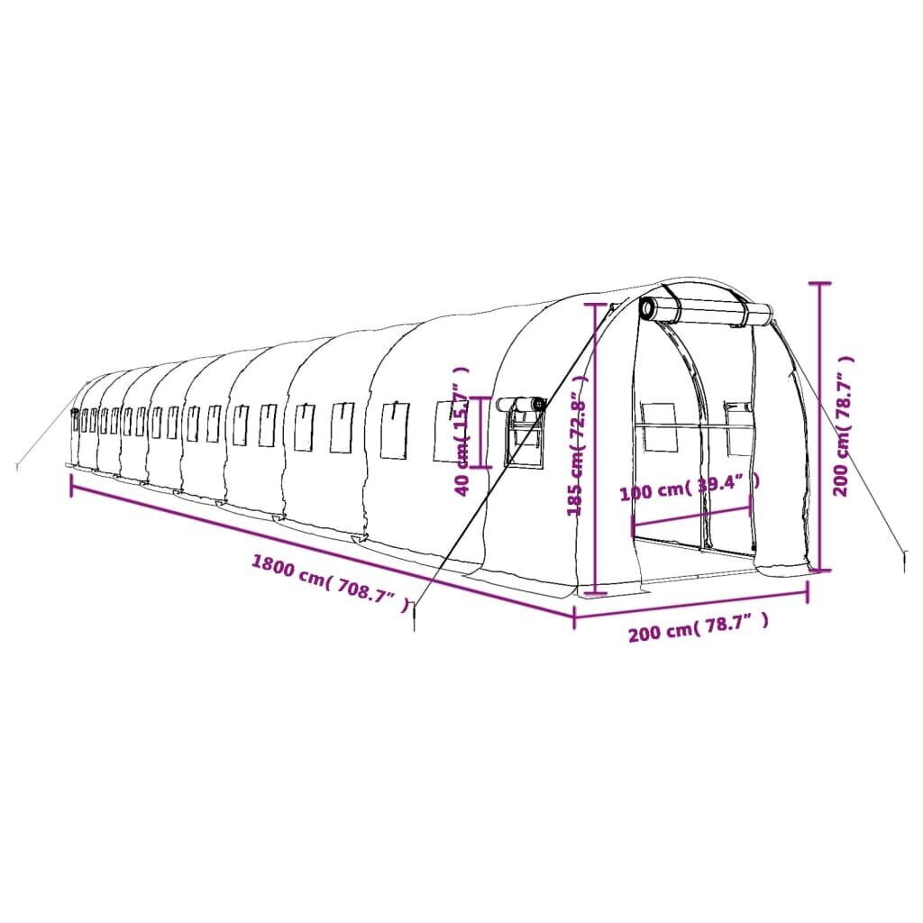 vidaXL Kasvihuone teräsrungolla vihreä 36 m² 18x2x2 m hinta ja tiedot | Kasvihuoneet | hobbyhall.fi