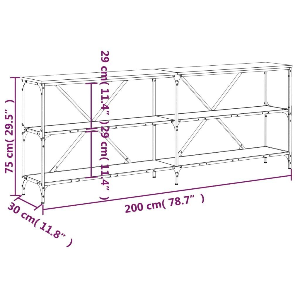 vidaXL Konsolipöytä harmaa Sonoma 200x30x75 cm tekninen puu ja rauta hinta ja tiedot | Sivupöydät | hobbyhall.fi