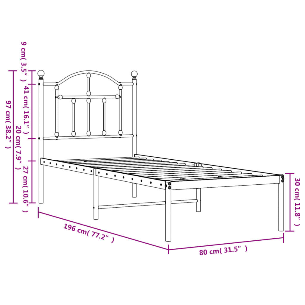 vidaXL Metallinen sängynrunko päädyllä musta 75x190 cm hinta ja tiedot | Sängyt | hobbyhall.fi