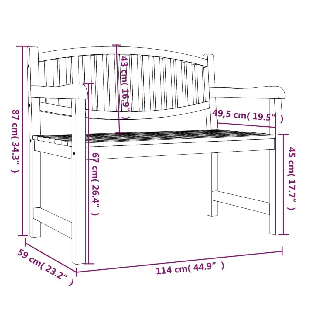 vidaXL Puutarhapenkki 114x59x87 cm täysi tiikki hinta ja tiedot | Puutarhapenkit | hobbyhall.fi