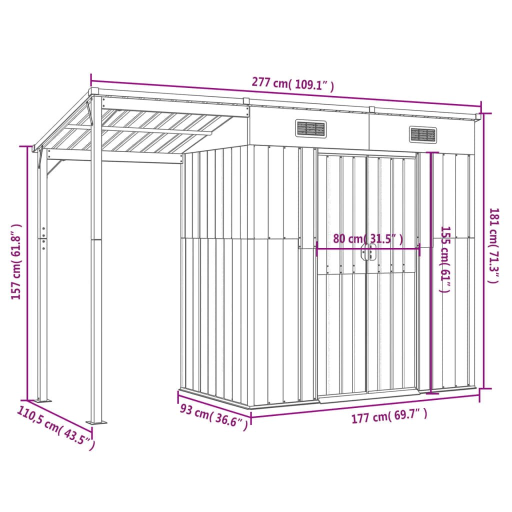 vidaXL Puutarhavaja lisäkatolla antrasiitti 277x110,5x181 cm teräs hinta ja tiedot | Piharakennukset | hobbyhall.fi