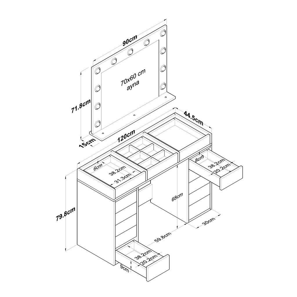 Peilipöytä Asir BJ118-2789, valkoinen hinta ja tiedot | Peilipöydät | hobbyhall.fi