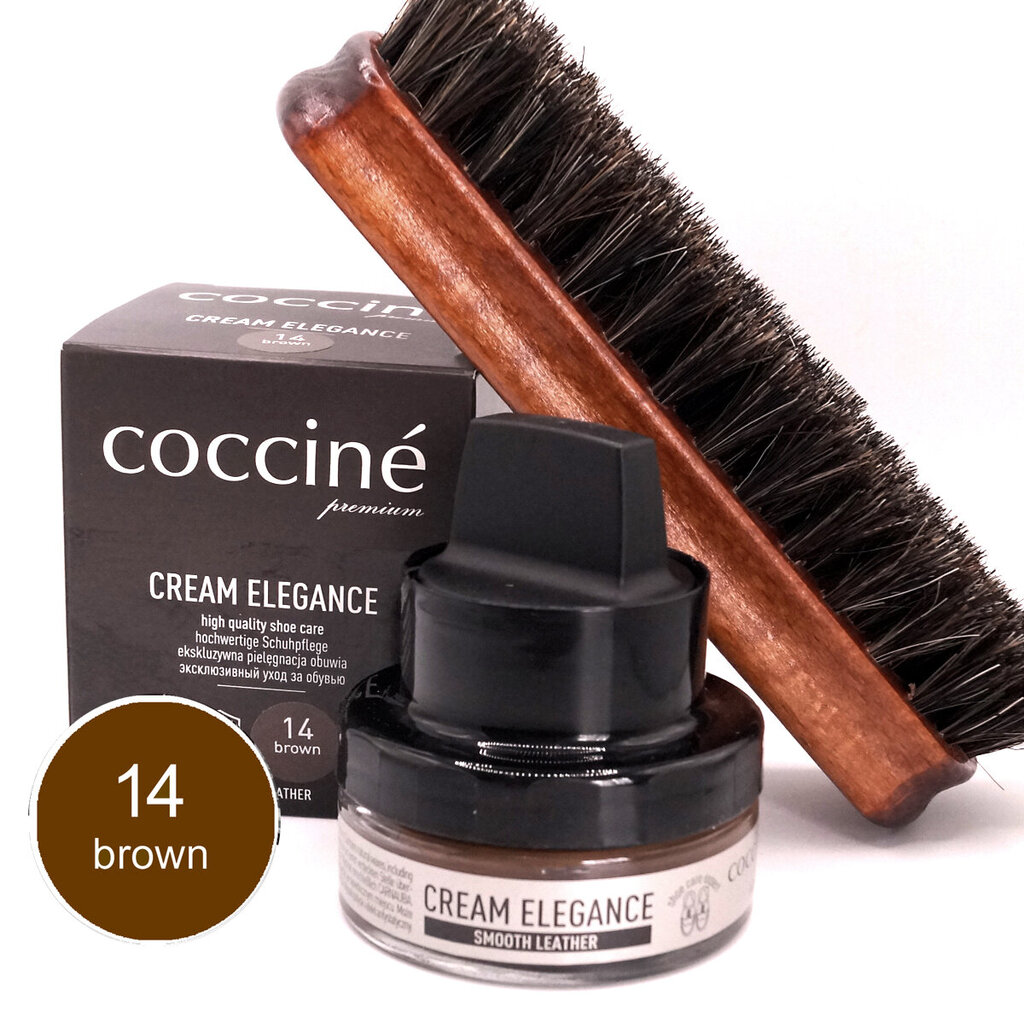 Nahkavoide Coccine Cream Elegance, brown, 50ml + Kengänkiillotusharja hevosenjouhi, 16 cm hinta ja tiedot | Vaatteiden ja jalkineiden hoito | hobbyhall.fi