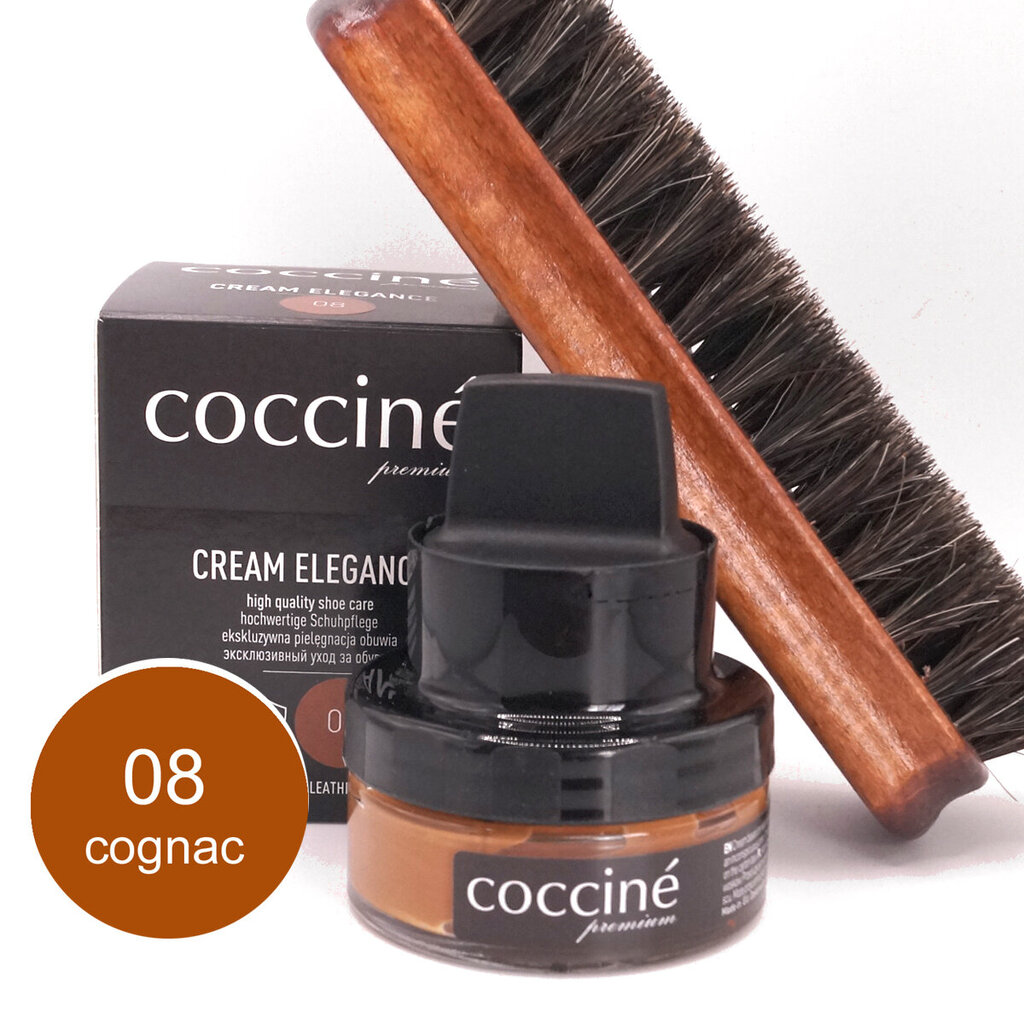 Nahkavoide Coccine Cream Elegance, cognac, 50ml + Kengänkiillotusharja hevosenjouhi, 16 cm hinta ja tiedot | Vaatteiden ja jalkineiden hoito | hobbyhall.fi