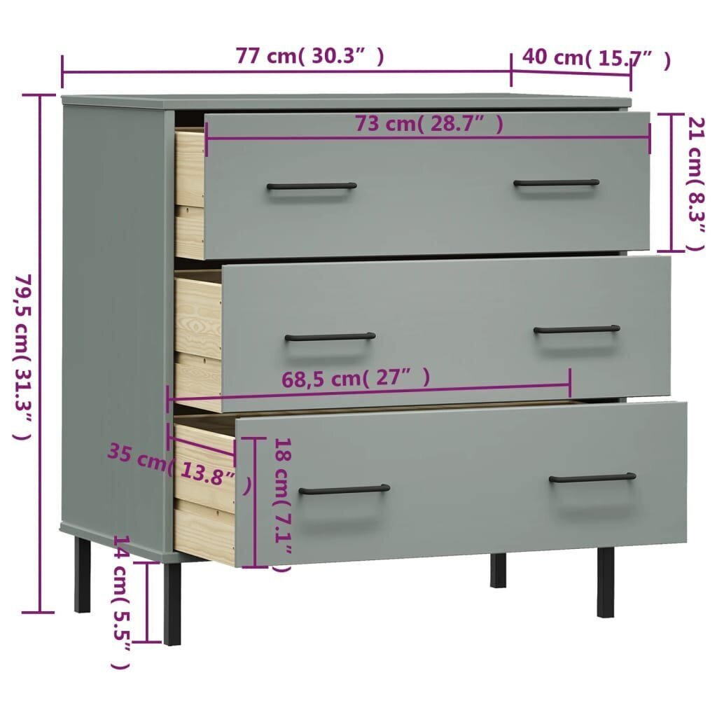 vidaXL Senkki 3 laatikolla harmaa 77x40x79,5 cm täyspuu OSLO hinta ja tiedot | Olohuoneen kaapit ja lipastot | hobbyhall.fi