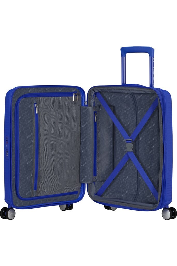 Matkalaukku American Tourister Soundbox Spinner Expandable 55cm, sininen hinta ja tiedot | Matkalaukut ja matkakassit | hobbyhall.fi