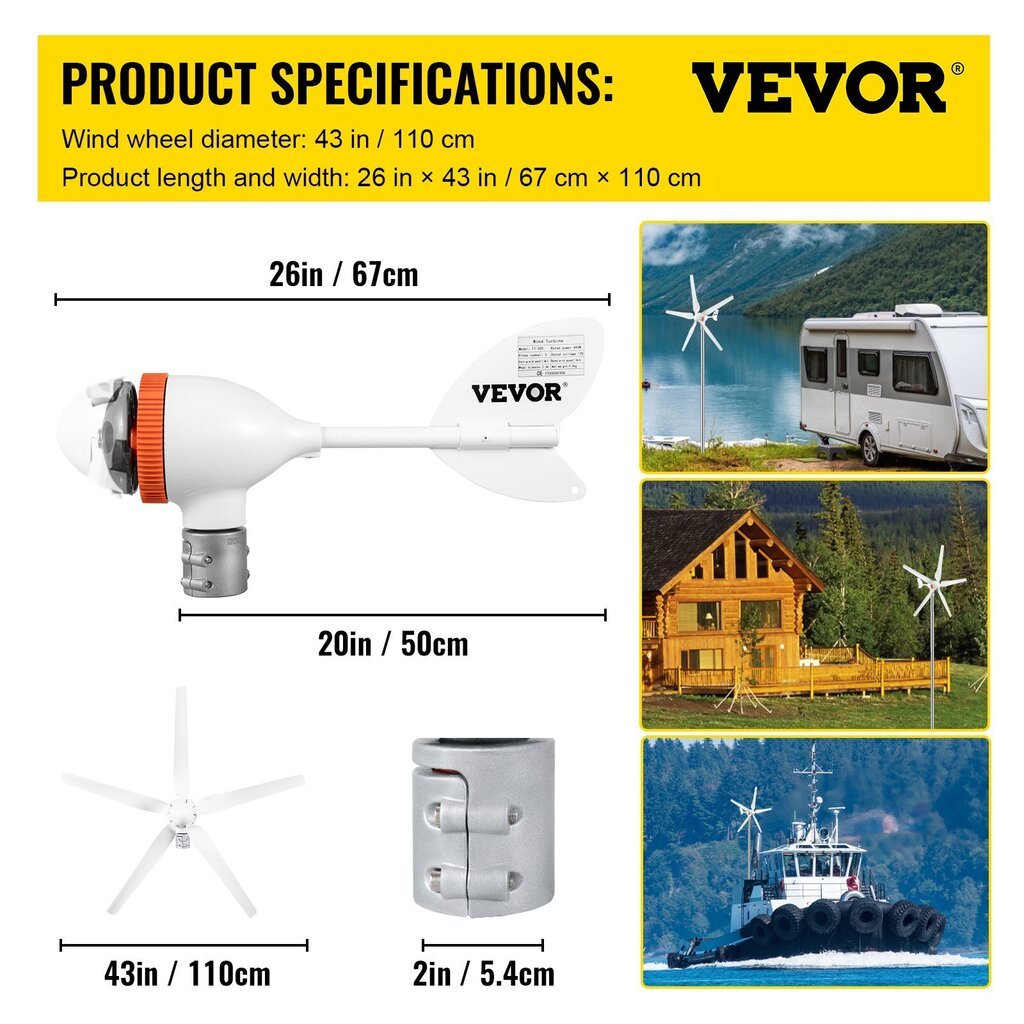 Vaaka-akselinen tuuligeneraattori Vevor 300W, 12V, lataussäätimellä hinta ja tiedot | Aggregaatit | hobbyhall.fi