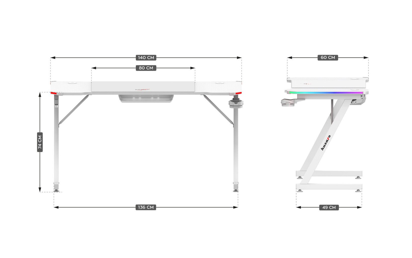 Huzaro Hero 3.3 Valkoinen RGB-pelipöytä hinta ja tiedot | Tietokonepöydät ja työpöydät | hobbyhall.fi