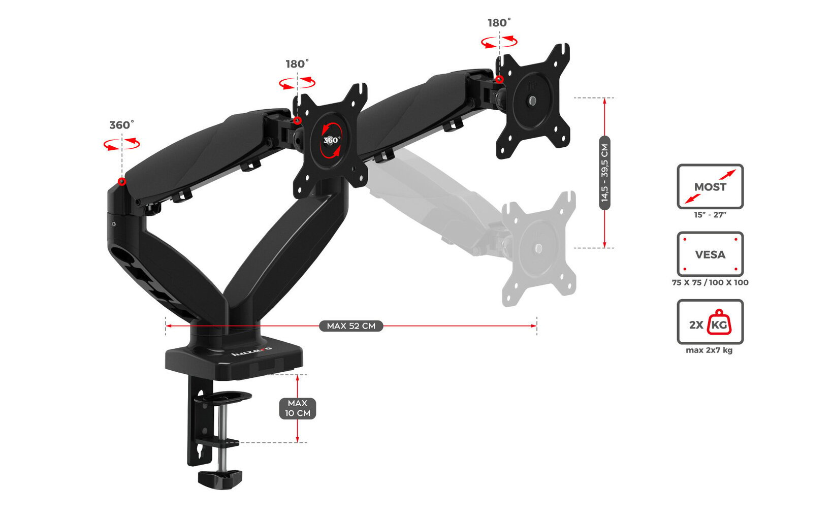 Huzaro Motion 2.2 kääntyvä kiinnike kahdelle näytölle hinta ja tiedot | Näyttötelineet | hobbyhall.fi