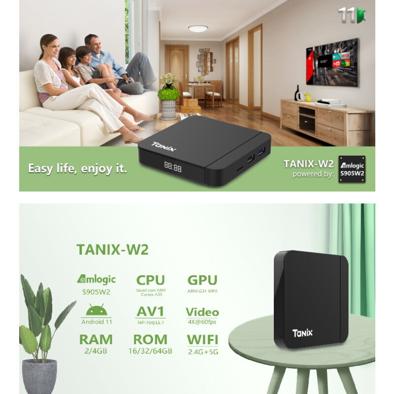 Tanix W2 S905W2 64-bittinen neliytiminen ARM Cortex A53 -konsoli 4K Ultra HD Android TV Box kaukosäätimellä Android 11 Smart TV 2Gb + 16GB musta hinta ja tiedot | TV-antennit | hobbyhall.fi