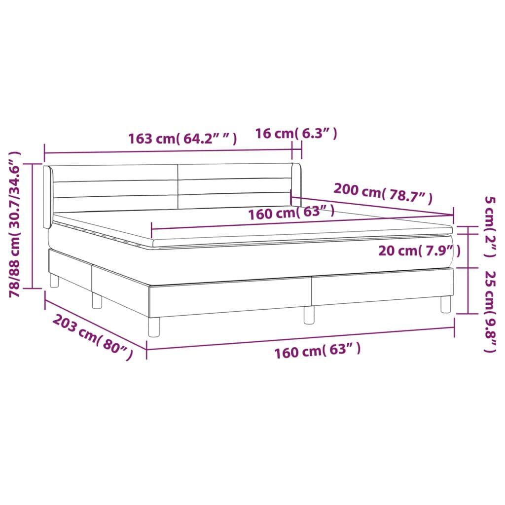 vidaXL Sänky jousilla ja patjalla, harmaa, 160x200 cm, sametti hinta ja tiedot | Sängyt | hobbyhall.fi