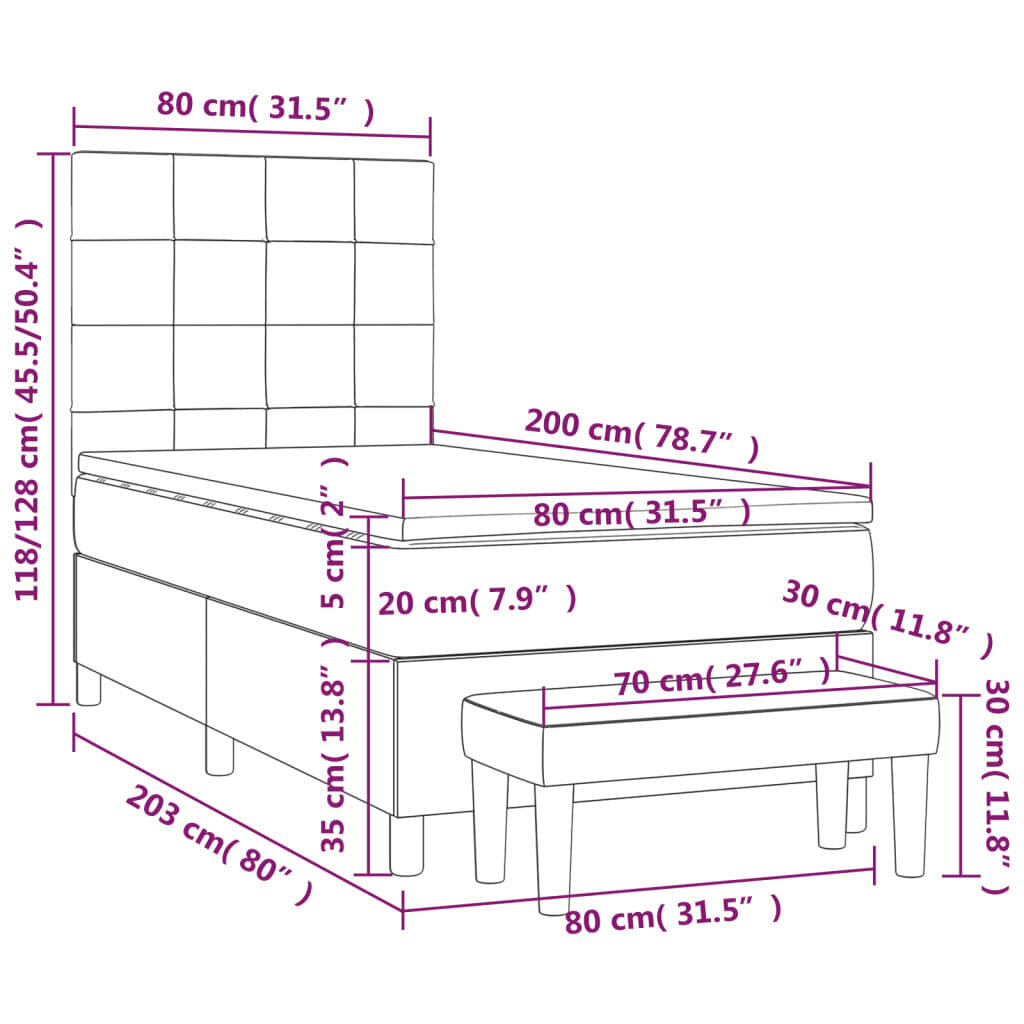 Sänky jousilla ja patjalla vidaXL, Kangas, 80x200cm, harmaa hinta ja tiedot | Sängyt | hobbyhall.fi