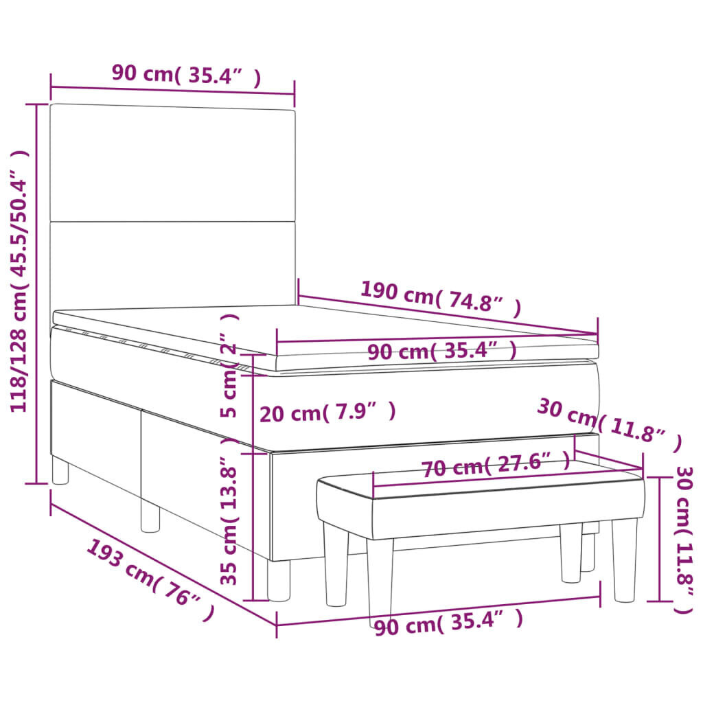 Sänky jousilla ja patjalla vidaXL, Velvet, 90x190 cm, harmaa hinta ja tiedot | Sängyt | hobbyhall.fi