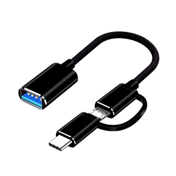 Riff V8 2 in1 OTG-isäntäkaapeli Type-C + Micro USB -liitin USB 3.0 Type A -liitäntään 15,5 cm