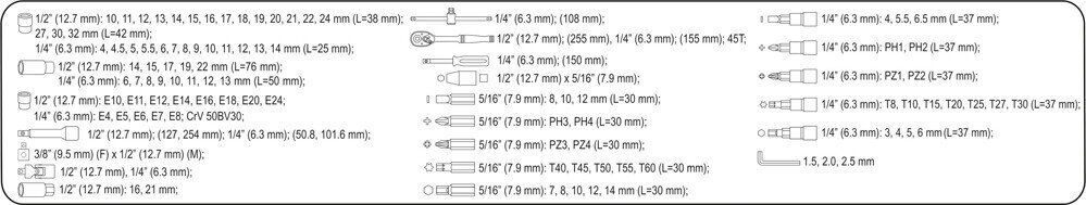 Pääset ja avaimet 1/4"+ 1/2" 108kpl Sthor 58685 hinta ja tiedot | Käsityökalut | hobbyhall.fi