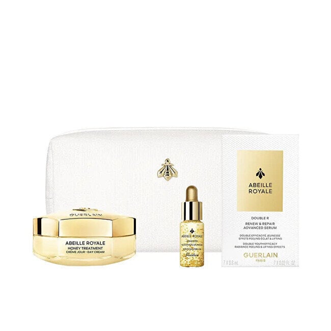 Ihonhoitosetti Guerlain Abeille Royale Cream Trio Set naisille: kasvovoide, 50 ml + kasvoöljy, 5 ml + kasvoseerumi, 7 x 0,6 ml + kosmetiikkalaukku hinta ja tiedot | Kasvovoiteet | hobbyhall.fi